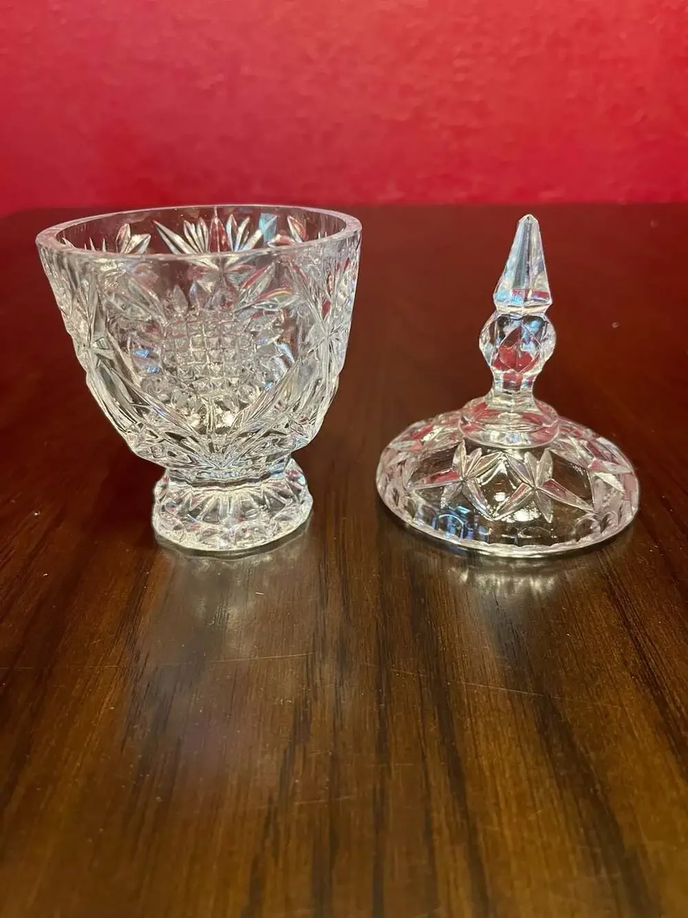 Vintage Footed Cut Lead Crystal Lidded Candy Dish with Pinwheel and Hobstar Desi